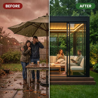 Glass Pavilion Pergola Built for Year-Round Use, Powder-Coated Aluminum Frame, Tempered Glass Walls, LED Lighting — Before & After