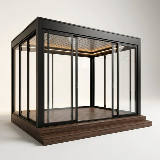 Glass Pavilion Pergola Built for Year-Round Use, Powder-Coated Aluminum Frame, Tempered Glass Walls, LED Lighting — Studio Shot