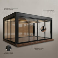 Glass Pavilion Pergola Built for Year-Round Use, Powder-Coated Aluminum Frame, Tempered Glass Walls, LED Lighting — infographic