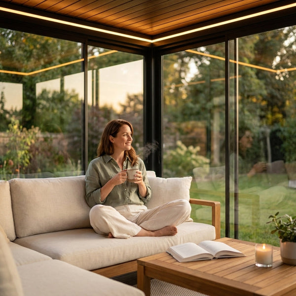 Glass Pavilion Pergola Built for Year-Round Use, Powder-Coated Aluminum Frame, Tempered Glass Walls, LED Lighting