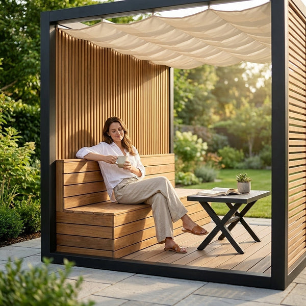 Modern Pergola Designed for Resort-Grade Outdoor Living, Powder-Coated Aluminum, Marine Textiles, Wave Canopy